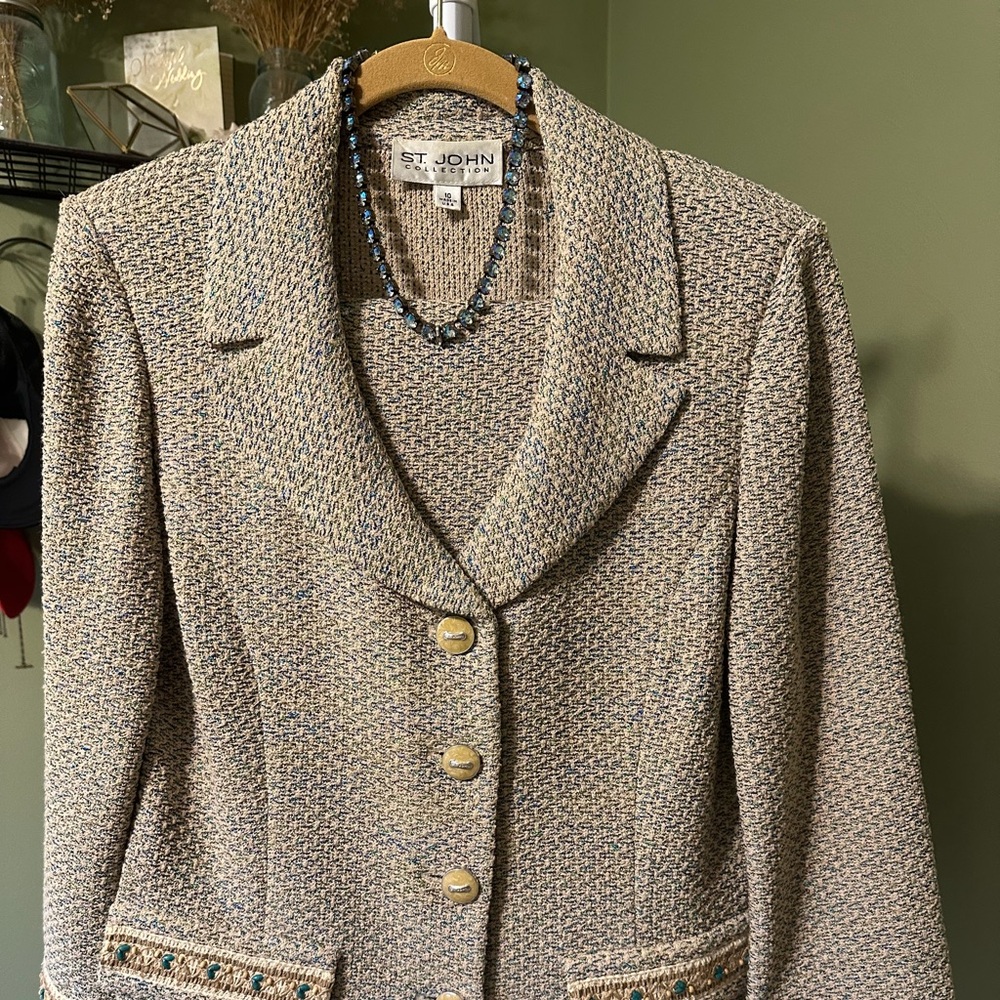St. John Beige Blue and Green Tweed Blazer with Gold accents
